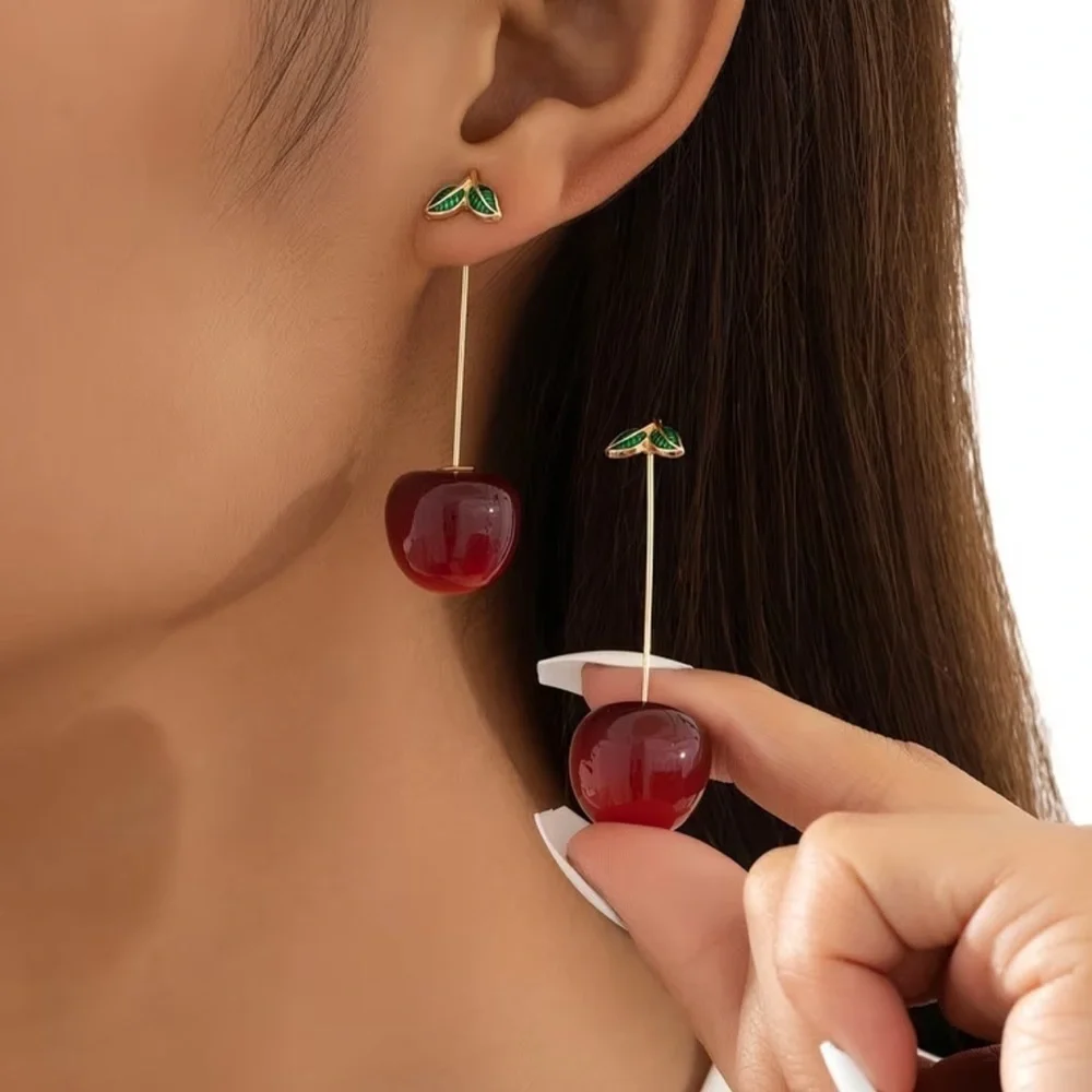 NEW Cherry Drop Earrings. 🍒 Fashionable Elegant cherry 
Blossom leaf earrings - Picture 2 of 4